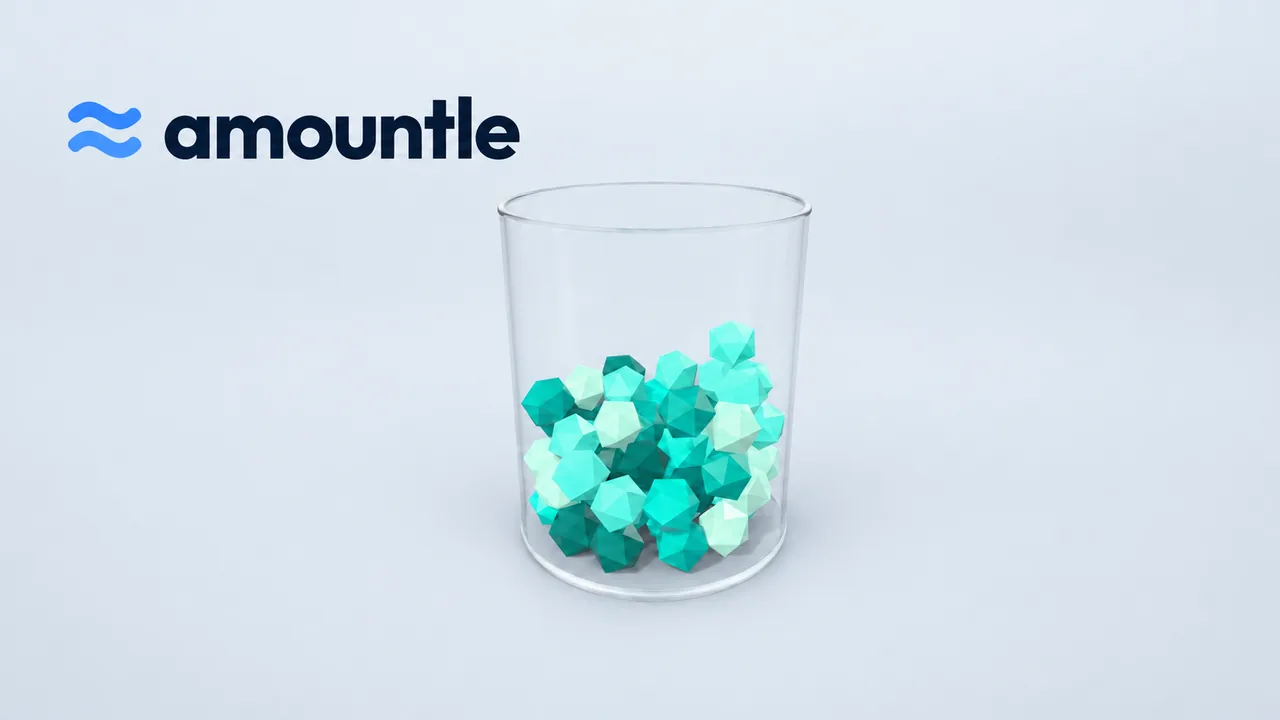 Teal pieces piled in a clear jar, under the Amountle wordmark.