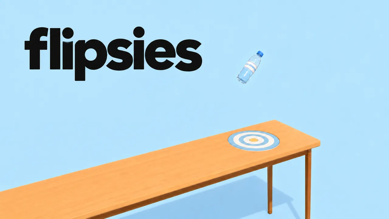 A water bottle flipping toward a target at the end of a long wooden table, under the Flipsies wordmark.