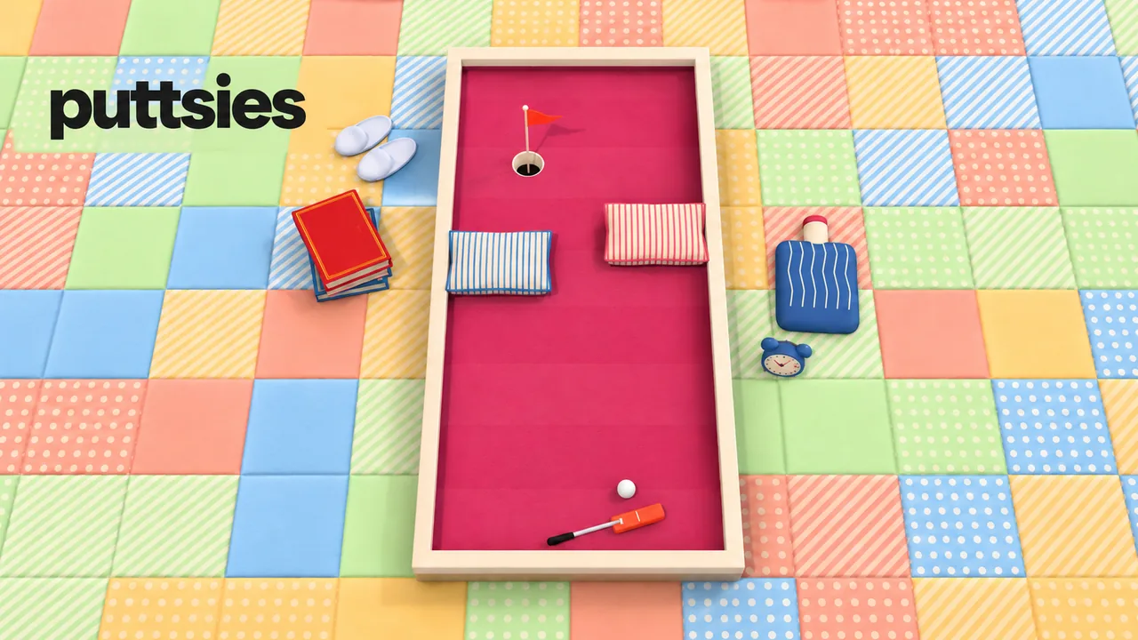 A red mini-golf hole on a patchwork quilt among books and pillows, under the Puttsies wordmark.