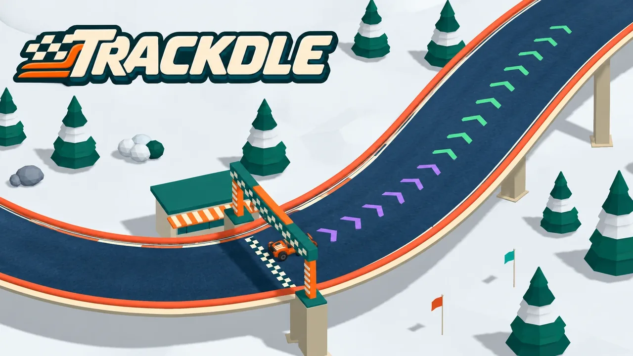 An orange race car on a raised navy track through low-poly trees, under the Trackdle wordmark.