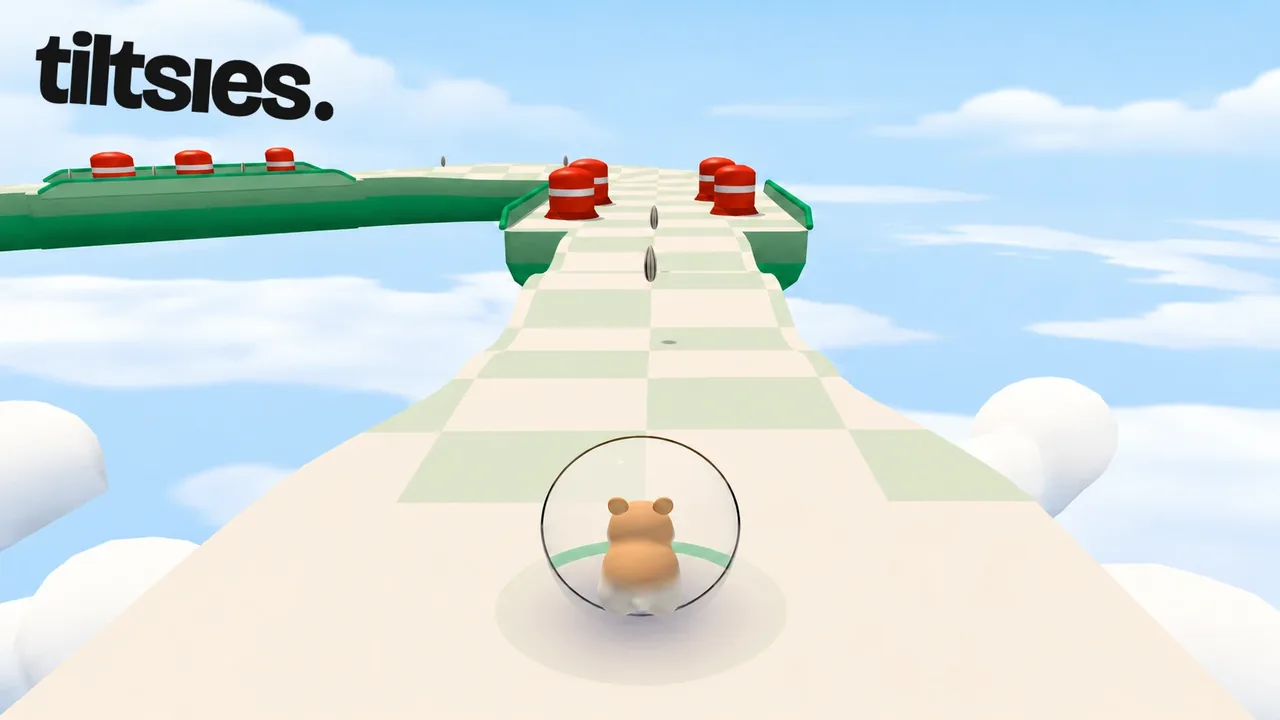 A hamster in a clear ball in a cream toy maze, beside the Tiltsies wordmark.